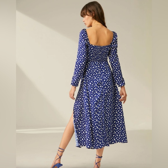 Square Neck Long Sleeve Patterned Slit Dress - Picture 2 of 4